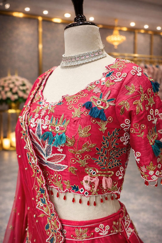 Vibrant Hot Pink Raw Silk Lehenga with Pearl & Zardozi Hand Embellishments