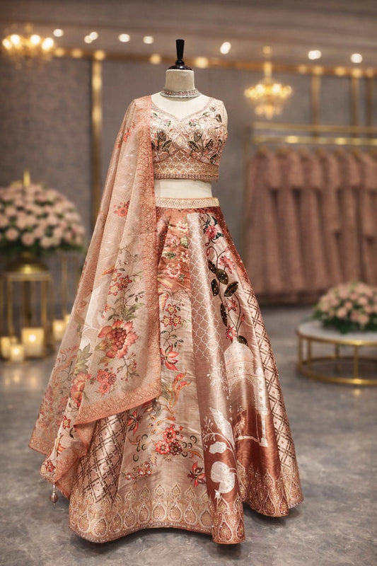 Peach Dream Raw Silk Lehenga with Artistic Print & Resham-Sequin Detailing