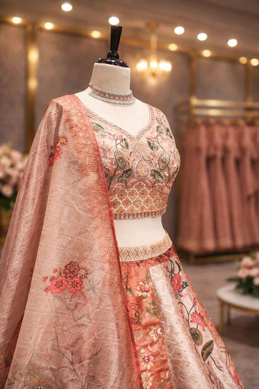 Peach Dream Raw Silk Lehenga with Artistic Print & Resham-Sequin Detailing