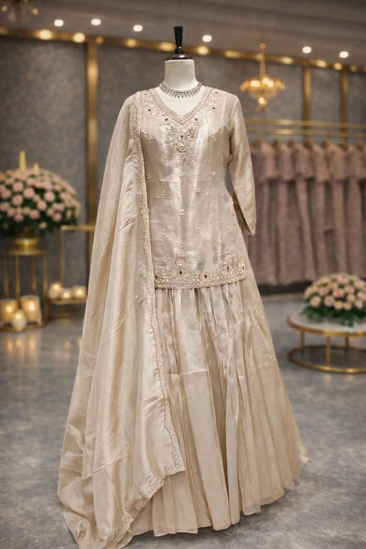 Elegant Beige Golden Indo-Western Peplum Lehenga with Resham & Zircon Embellishment