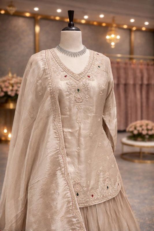 Elegant Beige Golden Indo-Western Peplum Lehenga with Resham & Zircon Embellishment