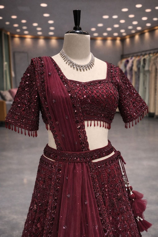 Velvet Wine Dream Lehenga with Subtle Sequin & Kardana Detailing