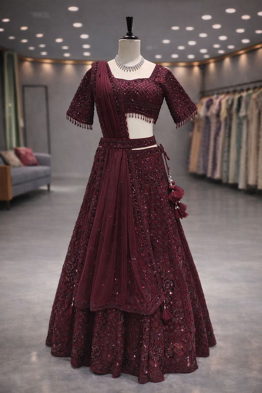 Velvet Wine Dream Lehenga with Subtle Sequin & Kardana Detailing