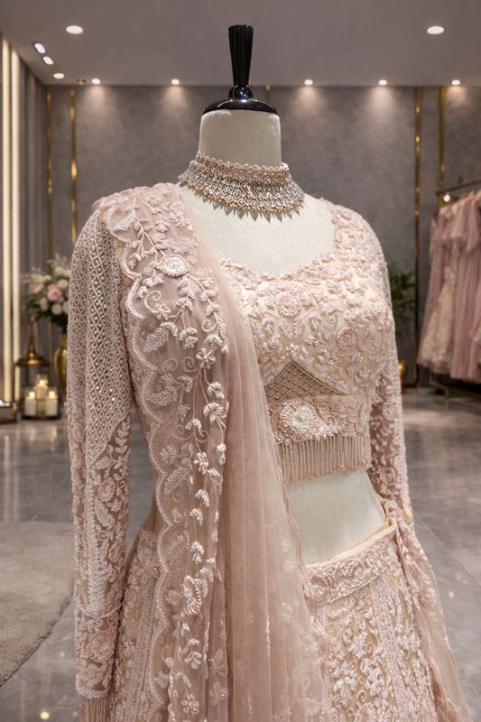 Blush Elegance Light Peach Lehenga with Intricate Monotone Detailing