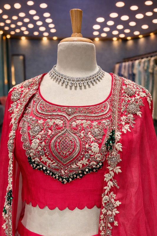 Vibrant Hot Pink Draped Indo-Western Lehenga with Zardozi & Resham Embroidery