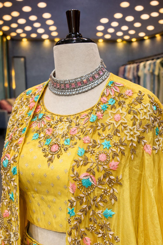 Yellow Banarasi Indo-Western Lehenga with Floral Resham & Zardozi Jacket
