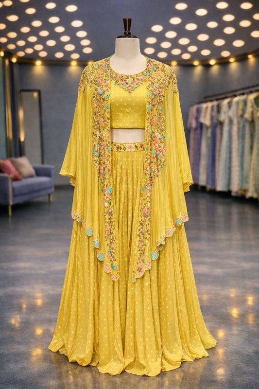 Yellow Banarasi Indo-Western Lehenga with Floral Resham & Zardozi Jacket