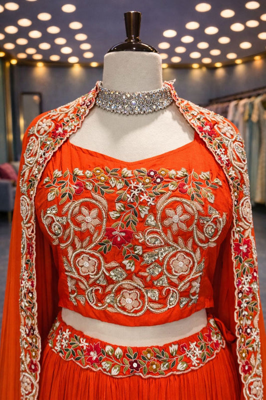 Radiant Orange Cape-Style Indo-Western Lehenga with Resham & Zardozi Embroidery