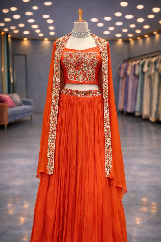 Radiant Orange Cape-Style Indo-Western Lehenga with Resham & Zardozi Embroidery