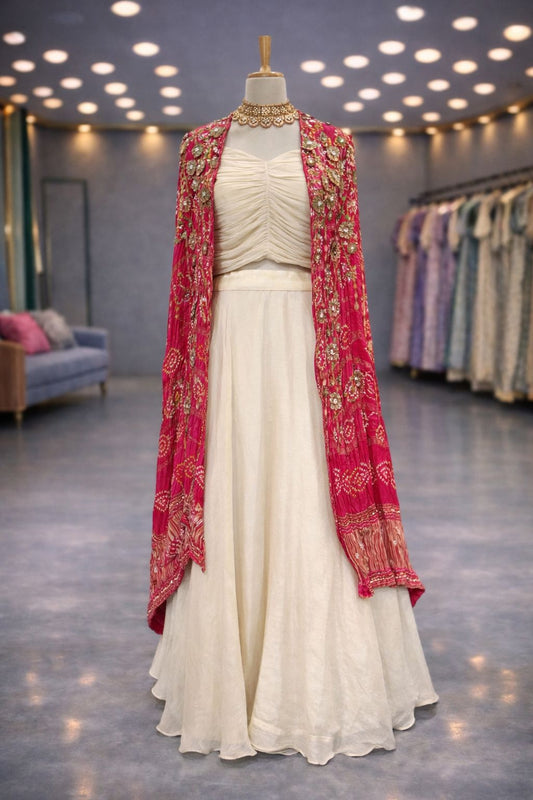 Rani Pink Gajji Ghat Chola Shrug Indo-Western Lehenga in Ivory Crepe