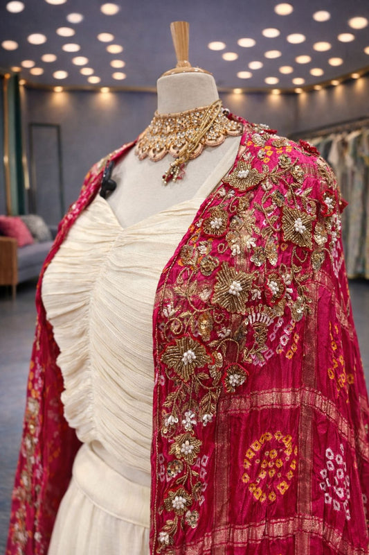 Rani Pink Gajji Ghat Chola Shrug Indo-Western Lehenga in Ivory Crepe