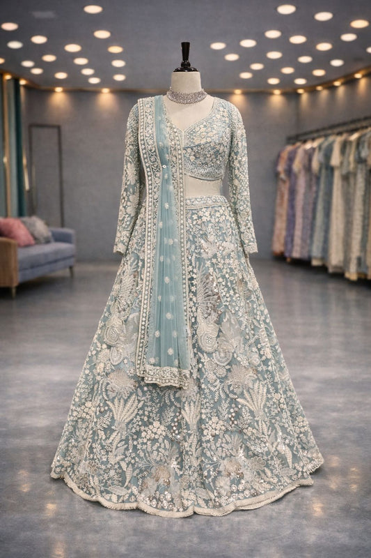 Sky Blue Pearl Embroidered Lehenga with Silver Sequin Work