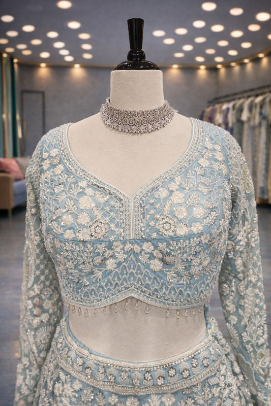Sky Blue Pearl Embroidered Lehenga with Silver Sequin Work