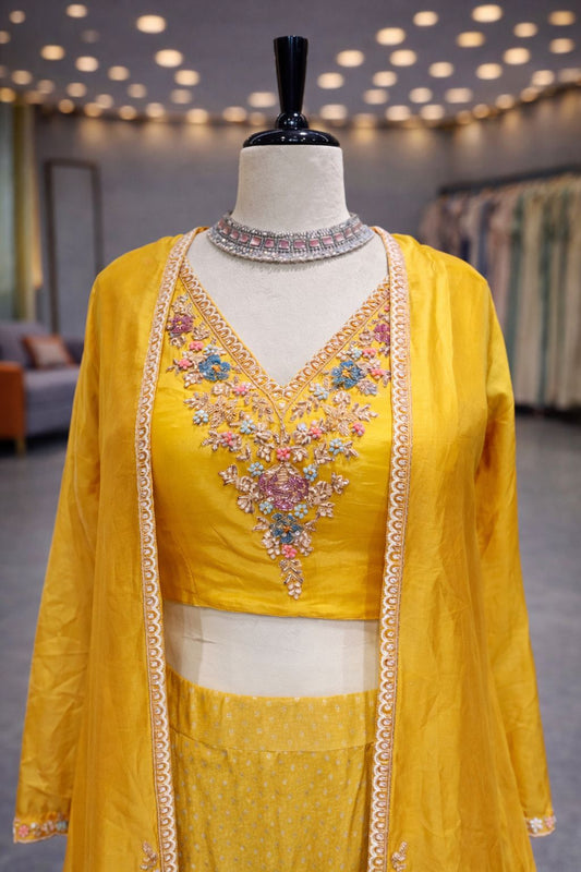 Yellow Banarasi Silk Cape Style Indo-Western Lehenga with Hand Zardozi Detailing