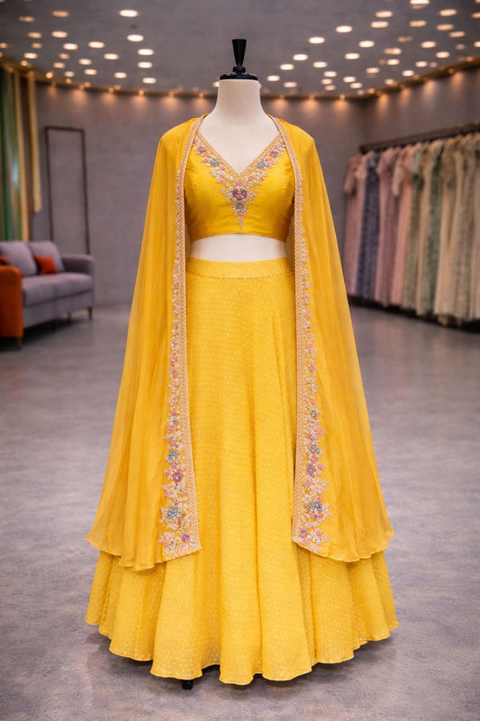 Yellow Banarasi Silk Cape Style Indo-Western Lehenga with Hand Zardozi Detailing