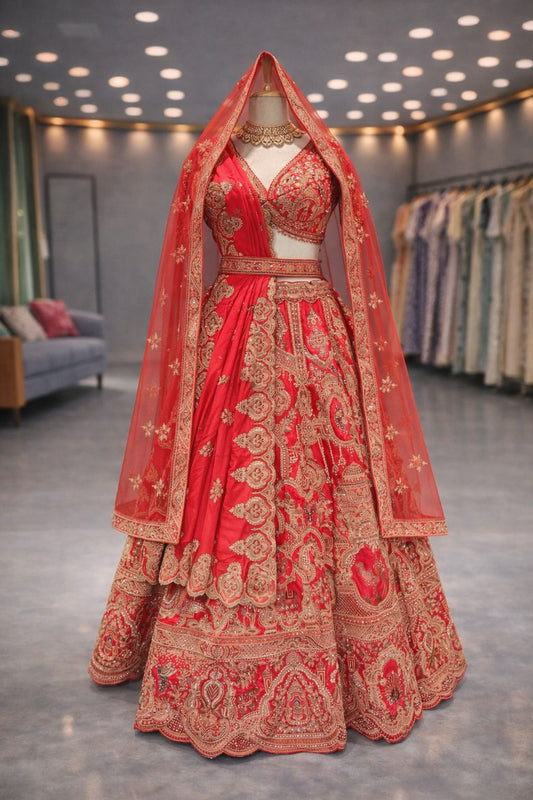 Grand Bridal Red Silk Lehenga with Fine Neem Zari Artistic Design