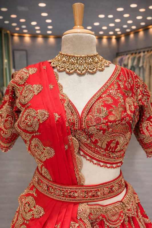 Grand Bridal Red Silk Lehenga with Fine Neem Zari Artistic Design
