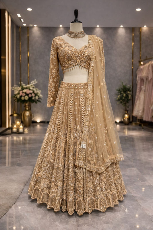 Royal Beige Golden Lehenga with Rich Multicolor Hand Embroidery