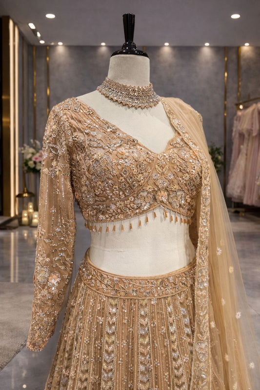 Royal Beige Golden Lehenga with Rich Multicolor Hand Embroidery