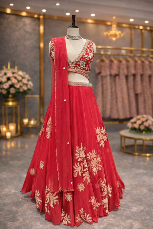 Bright Hot Pink Banarasi Lehenga with Elegant Pearl & Resham Hand Embroidery