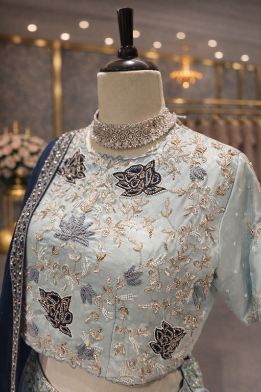 Ombre Blue Silk Indo-Western Lehenga with Hand-Embroidered Blouse & Dupatta