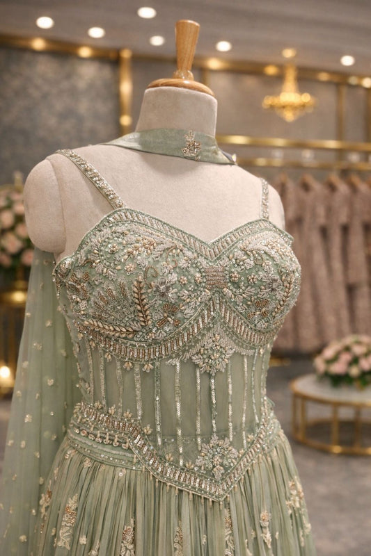 Mint Green Corset Style Indo-Western Gown with Pearl & Kardana Embellishment