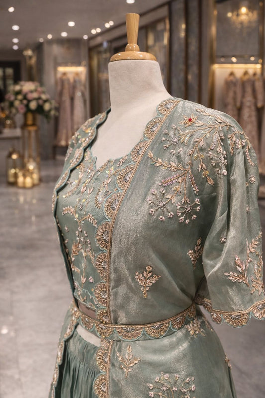Mint Green Indo-Western Lehenga with Embroidered Jacket & Hand Gota Zardozi Work