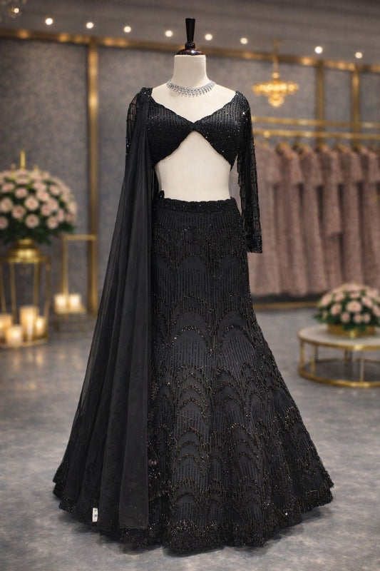 Elegant Black Partywear Lehenga with Rich Bead & Kardana Detailing