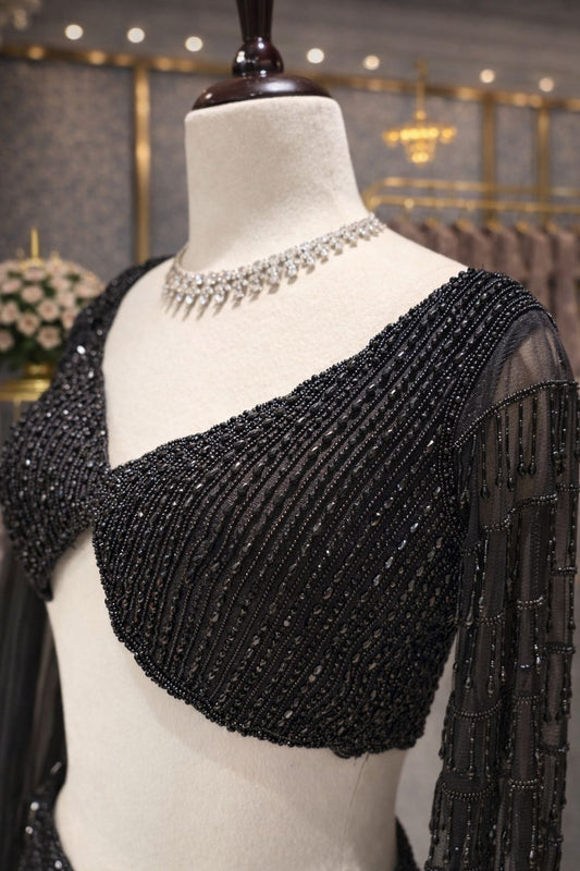 Elegant Black Partywear Lehenga with Rich Bead & Kardana Detailing