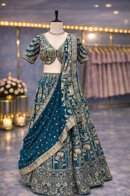 Peacock Blue Banarasi Lehenga with Traditional Aari & Kardana Embroidery