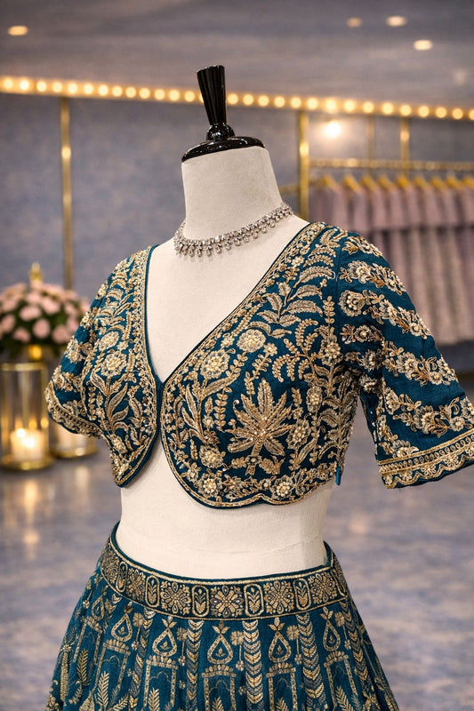 Peacock Blue Banarasi Lehenga with Traditional Aari & Kardana Embroidery