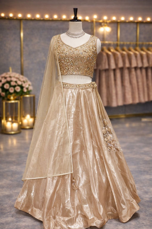 Elegant Golden Tissue Lehenga with Hand Kardana & Sequin Detailing