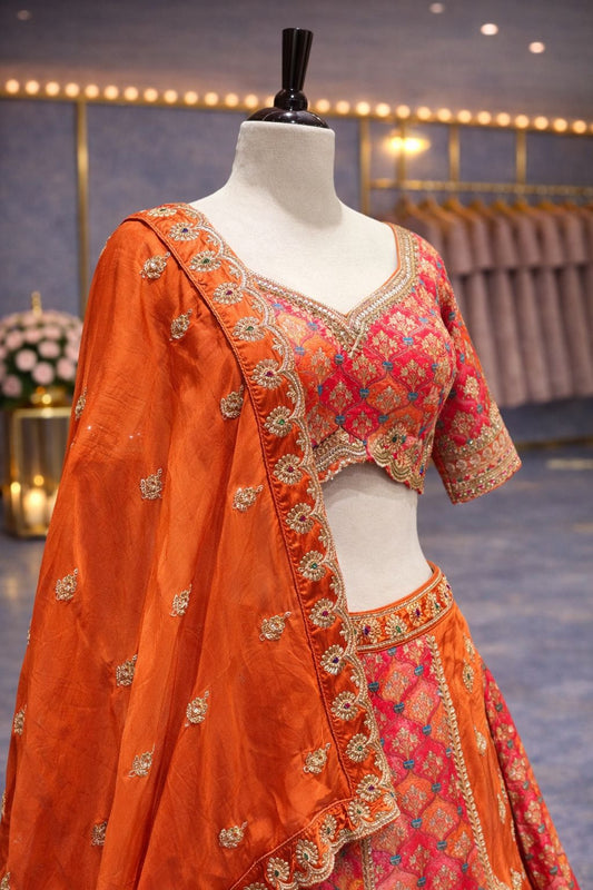 Vibrant Orange Runkart Silk Lehenga with Classic Zari Detailing