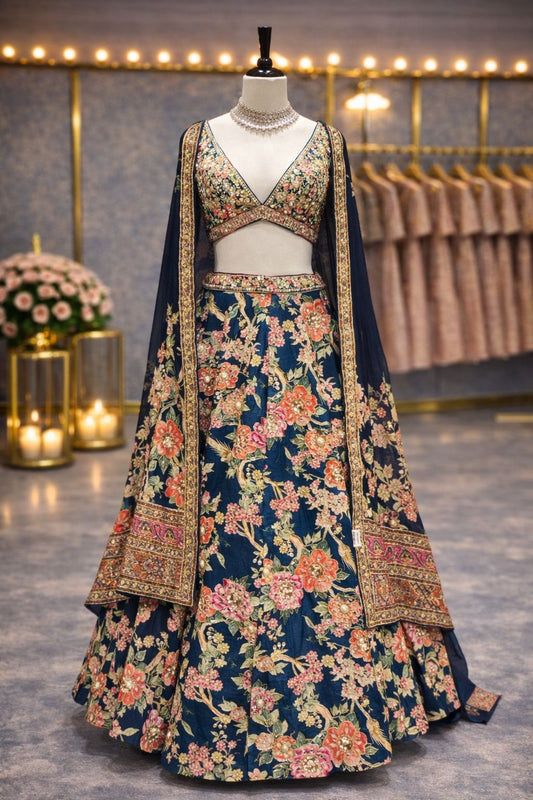 Royal Dark Blue Raw Silk Lehenga with Multicolor Patch & Mirror Work