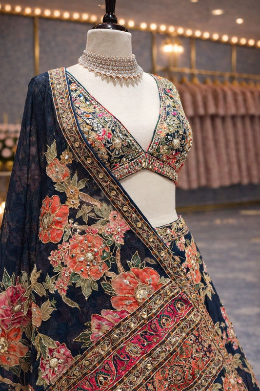 Royal Dark Blue Raw Silk Lehenga with Multicolor Patch & Mirror Work