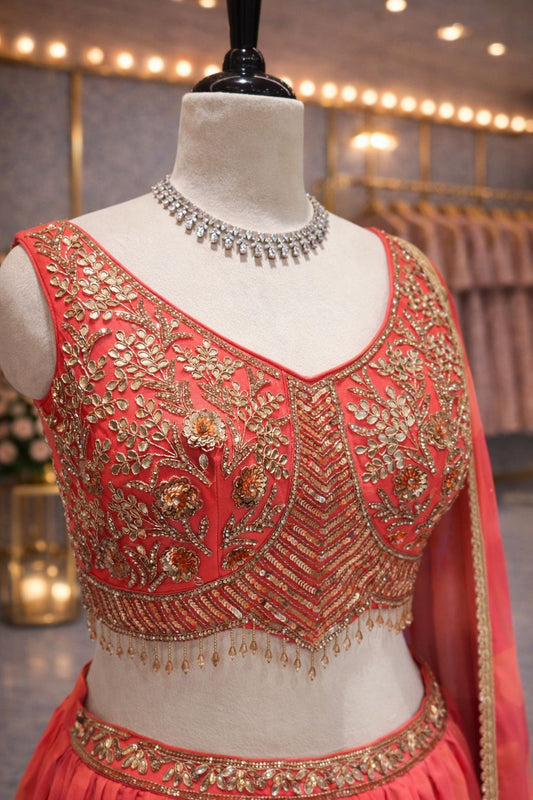 Graceful Orange & Pink Silk Lehenga with Traditional Kasab Zari Work