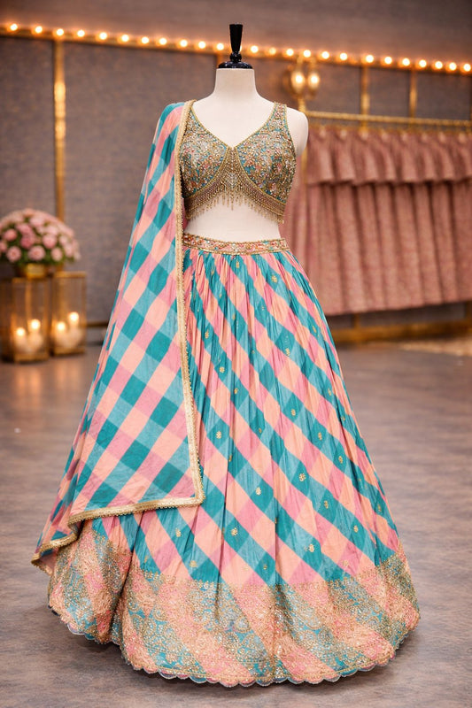 Vibrant Green & Blue Silk Lehenga with Elegant Kasab Zari Detailing