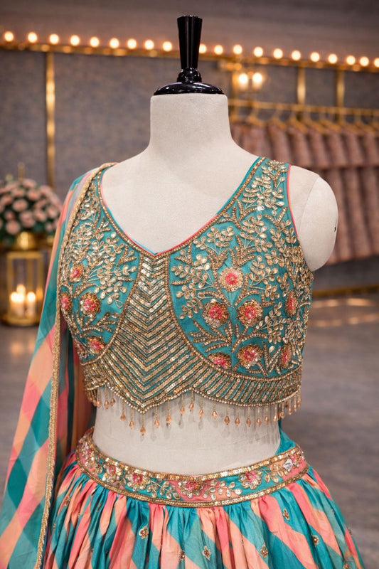Vibrant Green & Blue Silk Lehenga with Elegant Kasab Zari Detailing