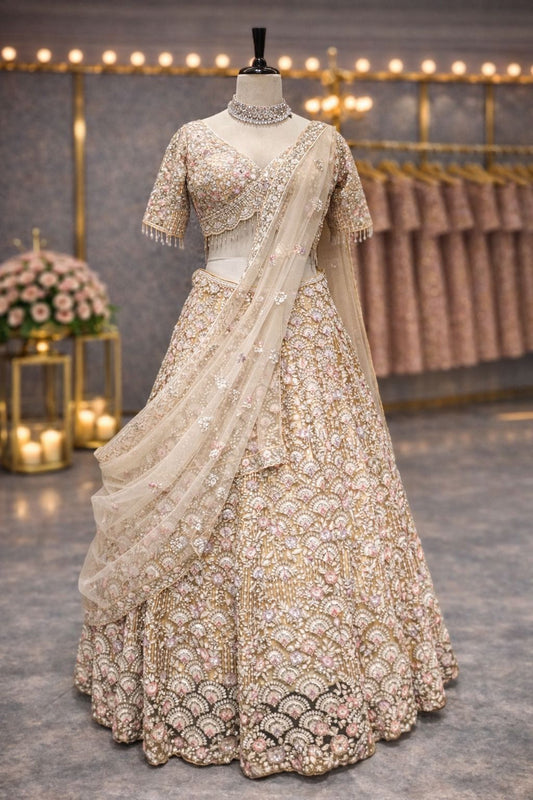 Elegant Beige Golden Lehenga with Resham & Kasab Zari Detailing