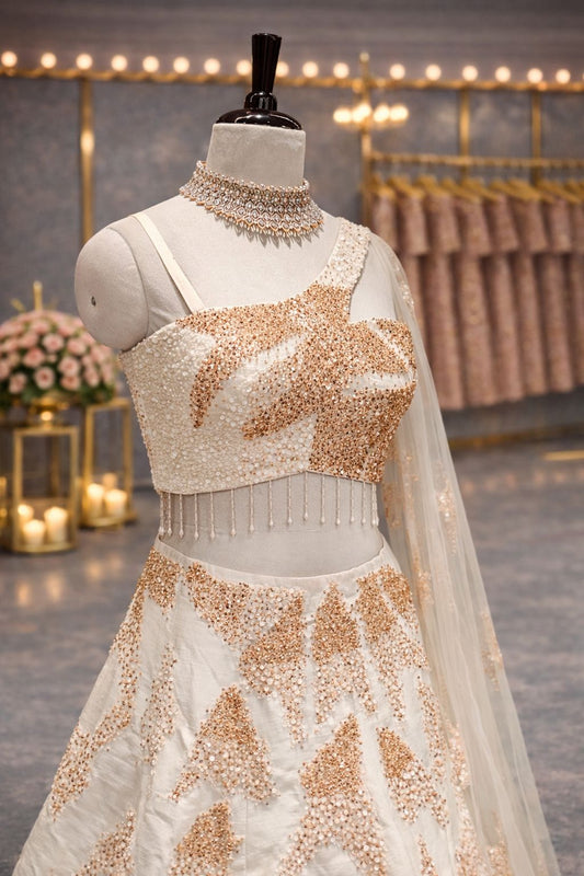 Ivory Raw Silk Indo-Western Lehenga with One-Shoulder Sequin Blouse