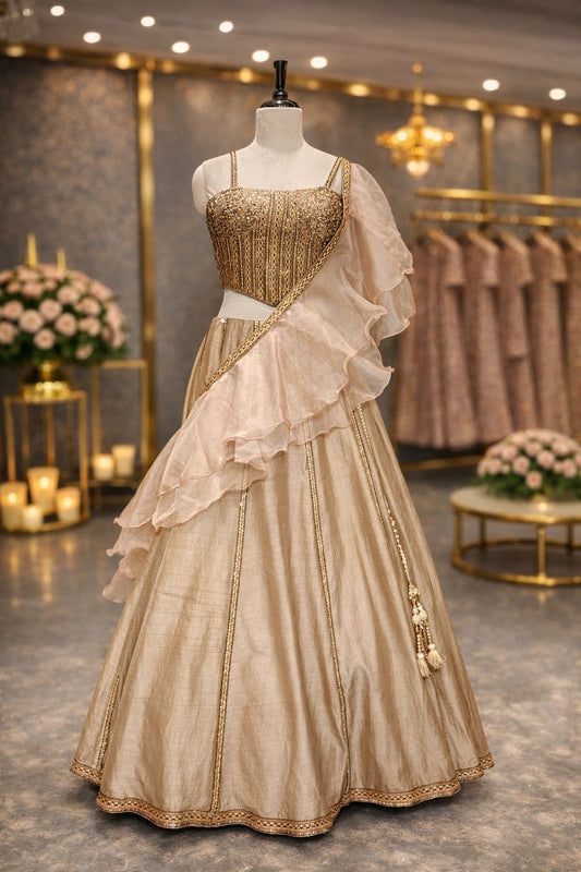 Beige Golden Kosa Silk Indo-Western Lehenga with Beaded Corset Blouse & Ruffle Drape