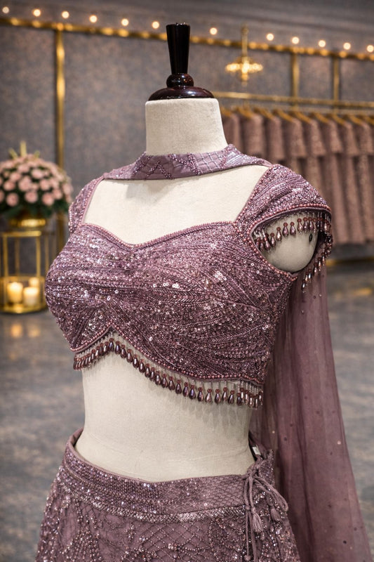 Lavender Monotone Sequin Fishcut Indo-Western Lehenga with Embellished Blouse & Cape