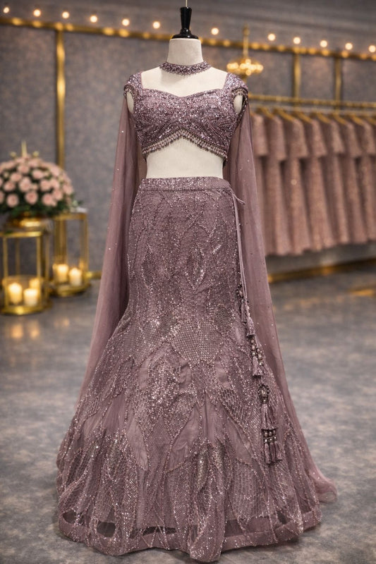 Lavender Monotone Sequin Fishcut Indo-Western Lehenga with Embellished Blouse & Cape