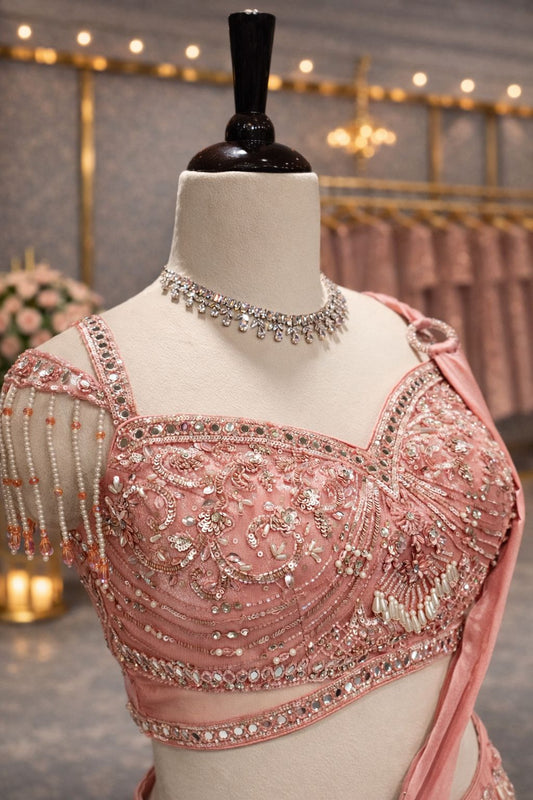 Fuchsia Pink Indo-Western Drape Lehenga with Embellished Corset Blouse