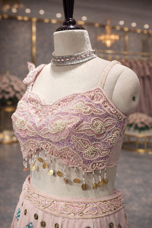 Charming Baby Pink Lehenga with Multicolor Print & Sequin Highlights
