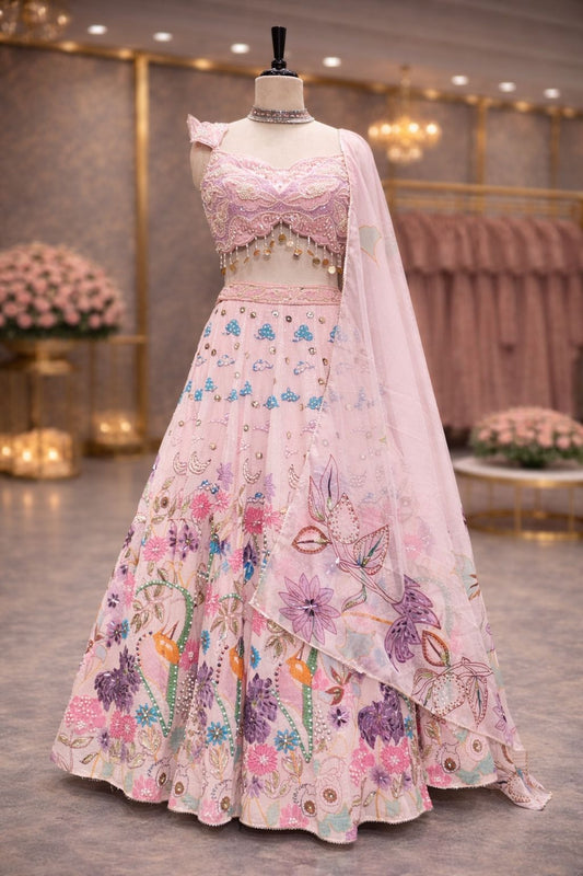 Charming Baby Pink Lehenga with Multicolor Print & Sequin Highlights