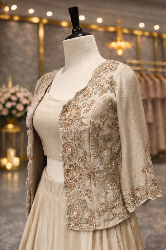 Elegant Silver-Tone Indo-Western Lehenga with Handworked Jacket