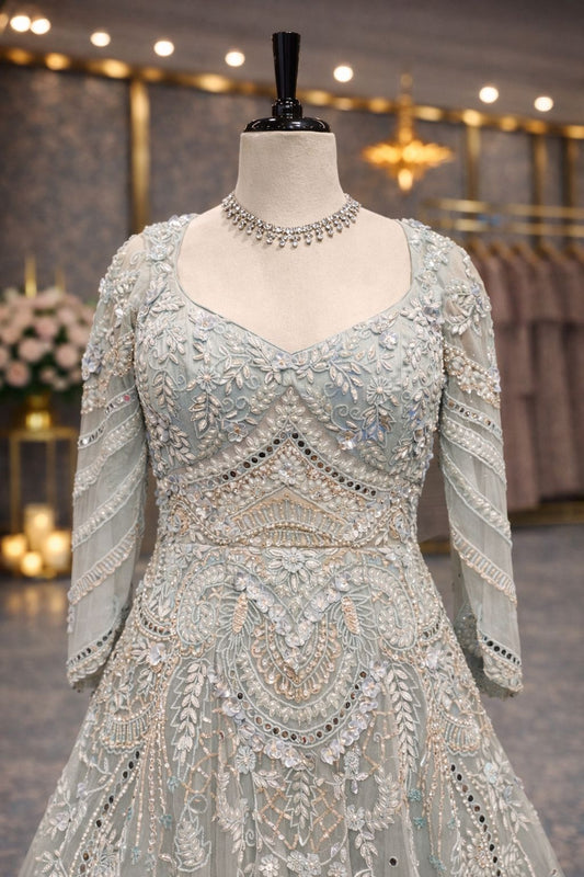 Stunning Ice Blue Net Gown with Mirror, Cutwork & Moti Detailing