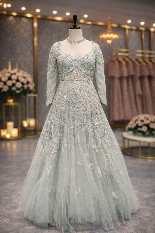 Stunning Ice Blue Net Gown with Mirror, Cutwork & Moti Detailing