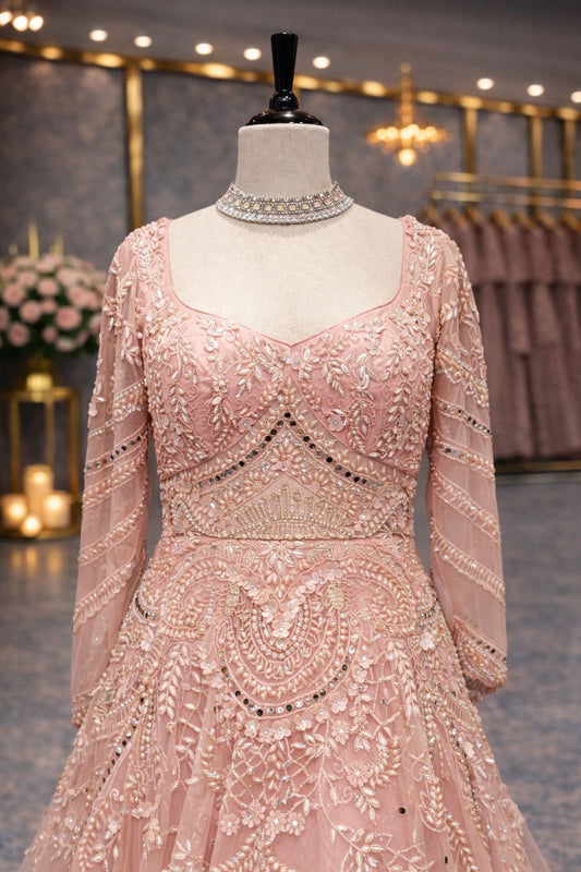 Heavy Designer Peach Gown with Pearl & Mirror Knot Work